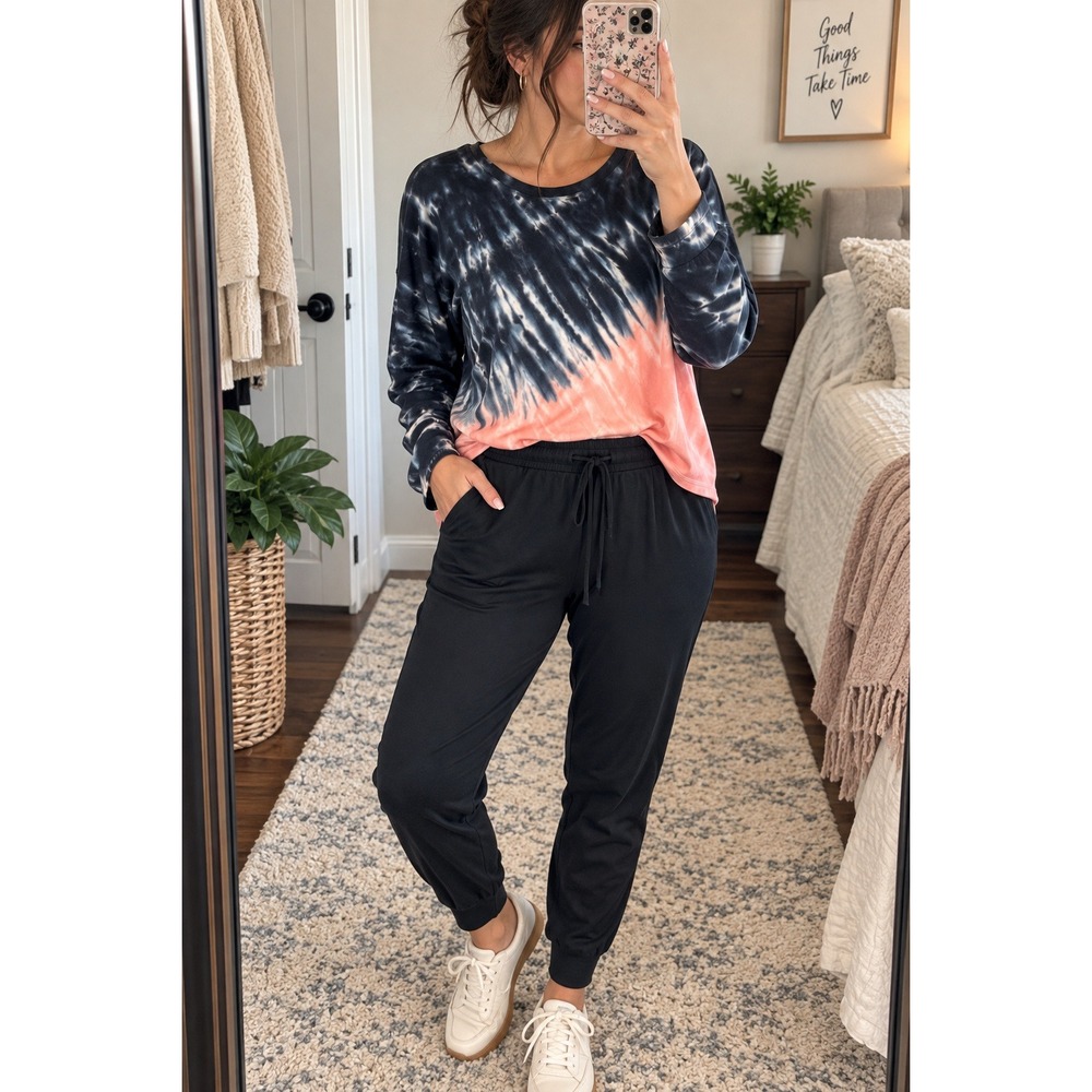AnyBody Cozy Knit Tie Dye Top Jogger Set L Black Blush Lounge Outfit NWOT
